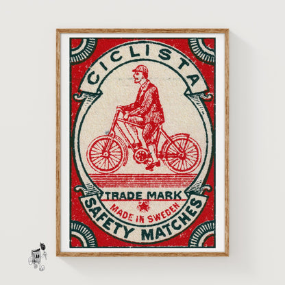 Cyclist - vintage matchbox label print