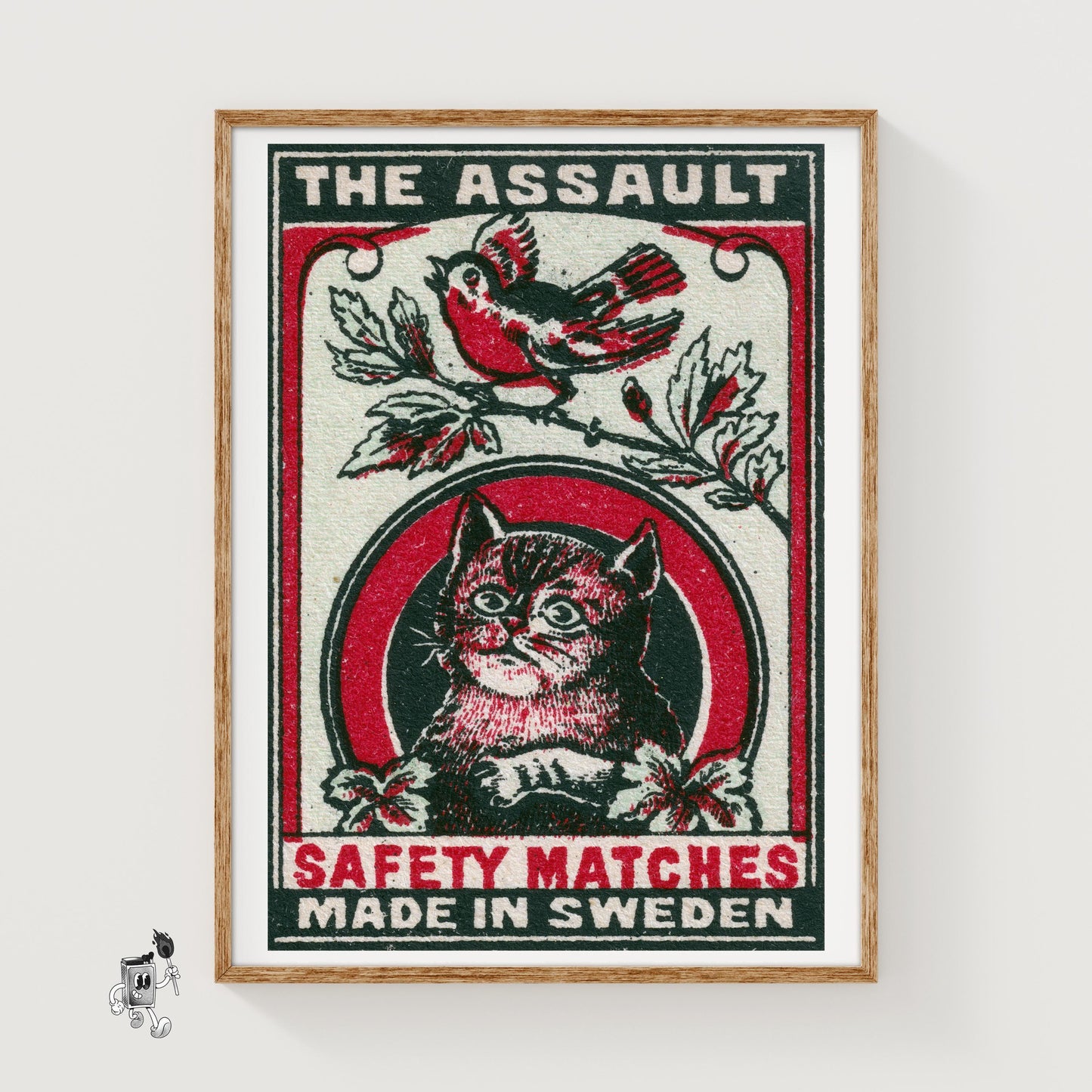 Cat and Bird - vintage matchbox label print