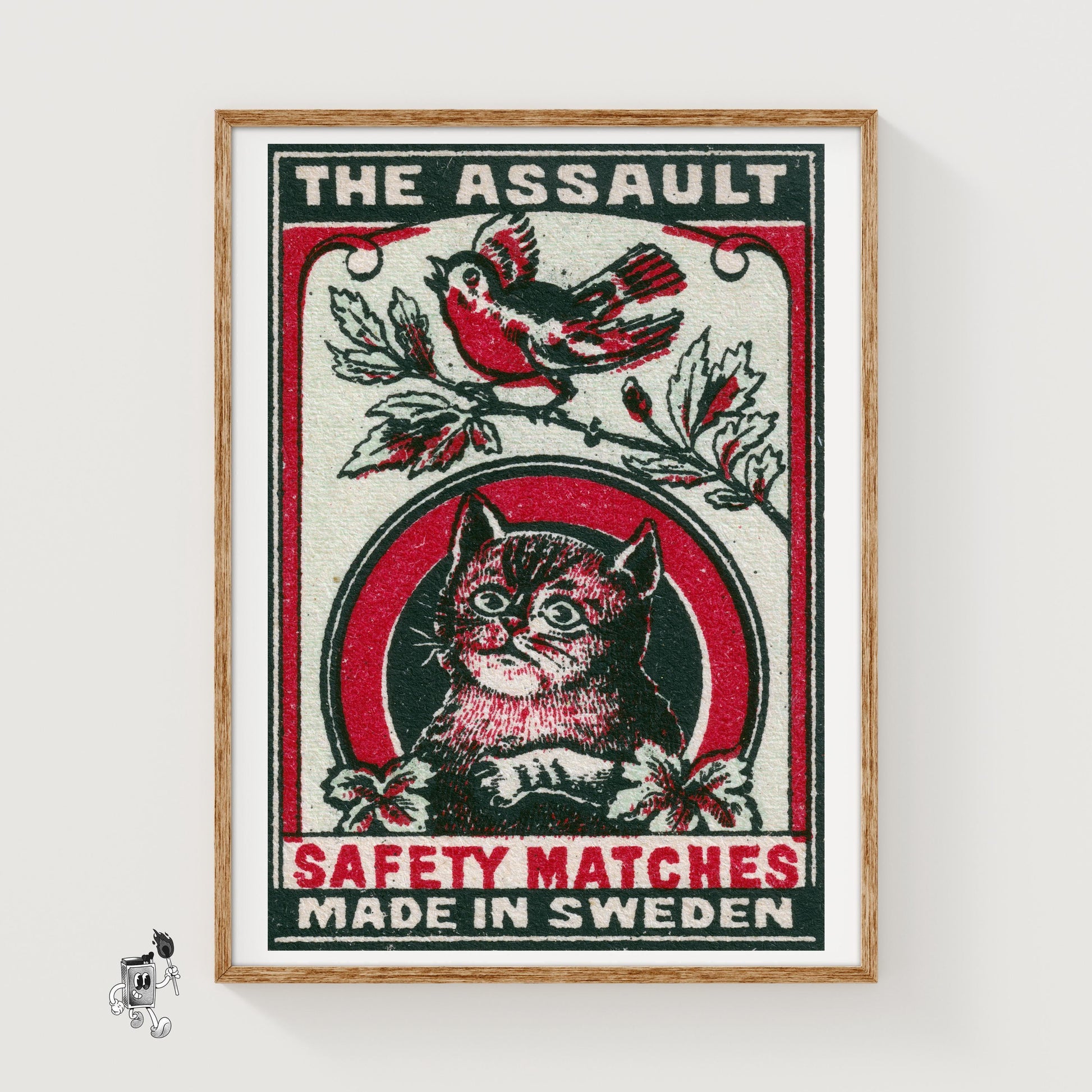 Cat and Bird - vintage matchbox label print