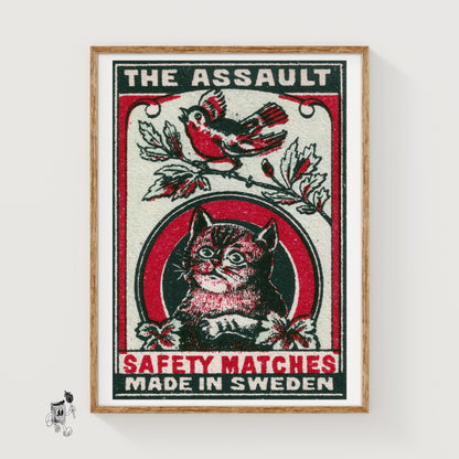 Cat and Bird - vintage matchbox label print