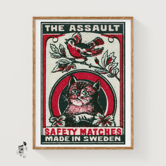 Cat and Bird - vintage matchbox label print
