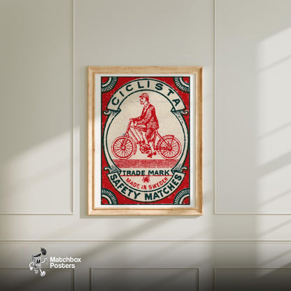 Cyclist - vintage matchbox label print - bedroom mockup