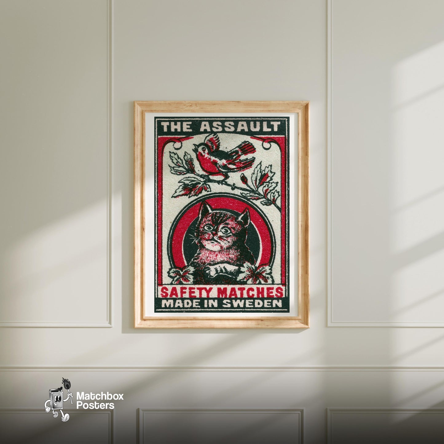 Cat and Bird - vintage matchbox label print - bedroom mockup