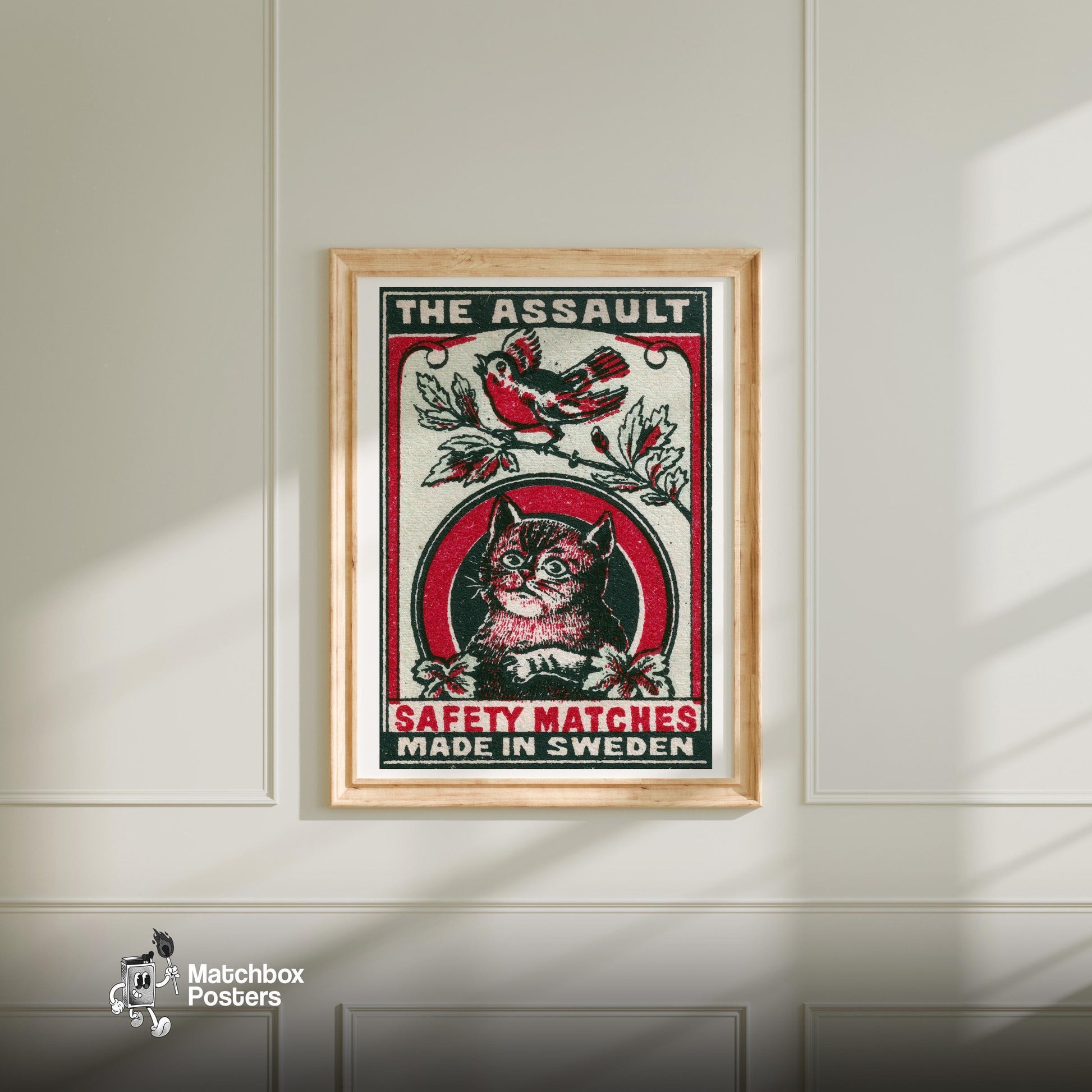 Cat and Bird - vintage matchbox label print - bedroom mockup