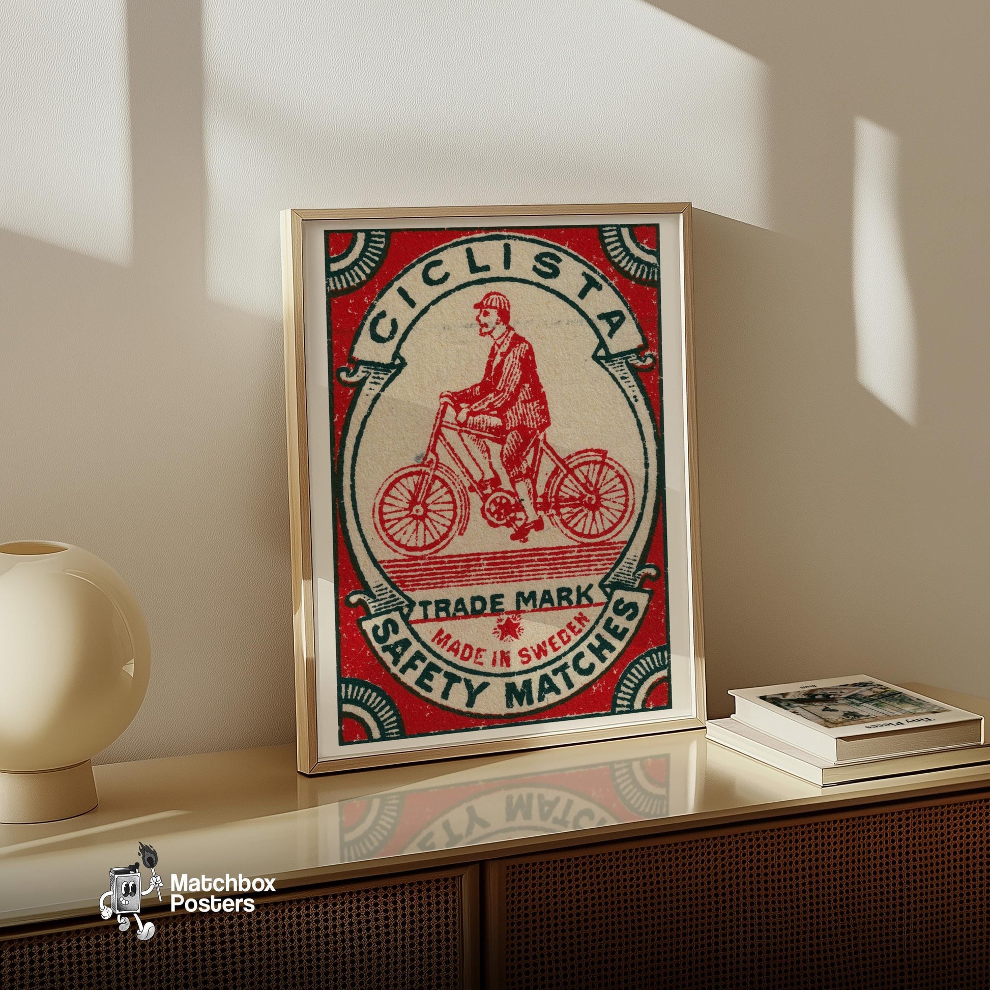 Cyclist - vintage matchbox label print - size comparison