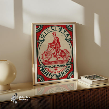 Cyclist - vintage matchbox label print - size comparison