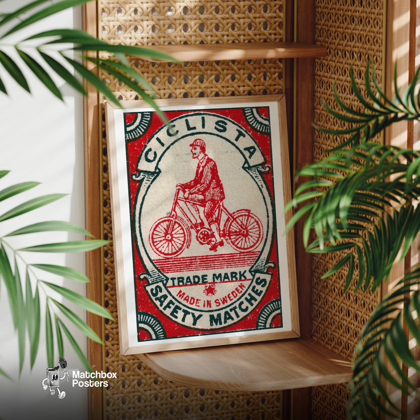 Cyclist - vintage matchbox label print - office wall