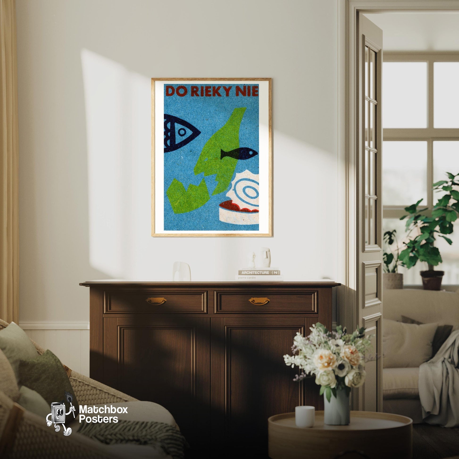 Fish Motif - vintage matchbox label print - living room mockup