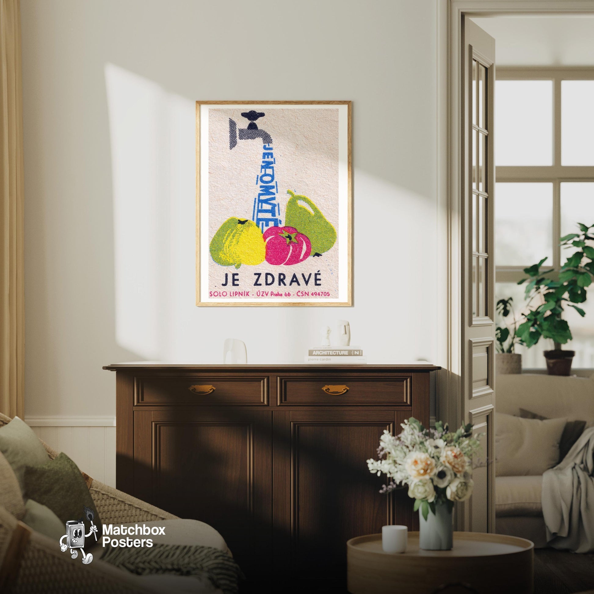 Wash Your Vegetables - vintage matchbox label print - living room mockup