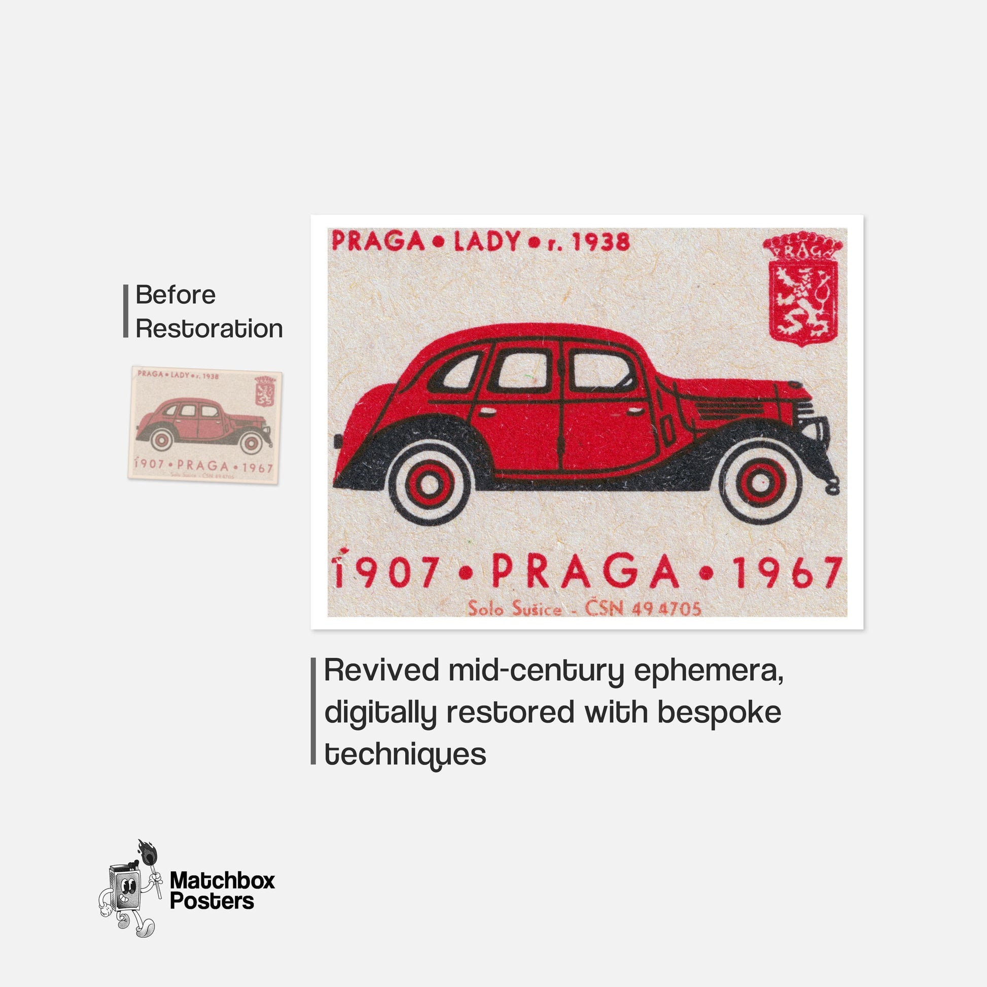 Red Vintage Car Matchbox Art Print, Czech Mid Century - vintage matchbox label print - framed wall art preview