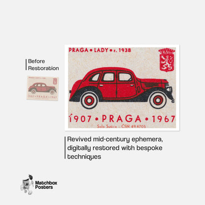 Red Vintage Car Matchbox Art Print, Czech Mid Century - vintage matchbox label print - framed wall art preview
