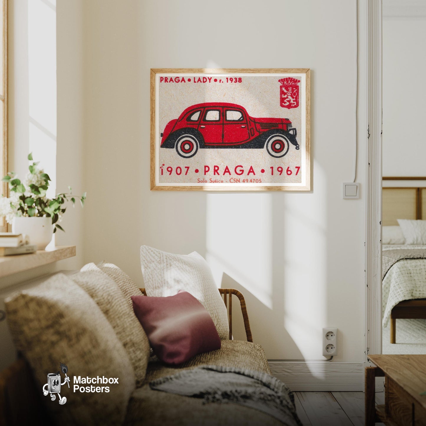 Red Vintage Car Matchbox Art Print, Czech Mid Century - vintage matchbox label print - living room mockup
