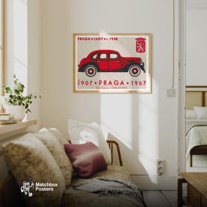 Red Vintage Car Matchbox Art Print, Czech Mid Century - vintage matchbox label print - living room mockup