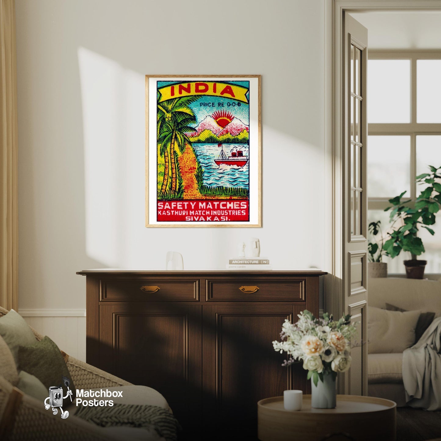 Palm Trees - vintage matchbox label print - living room mockup