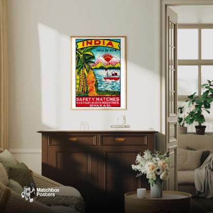 Palm Trees - vintage matchbox label print - living room mockup