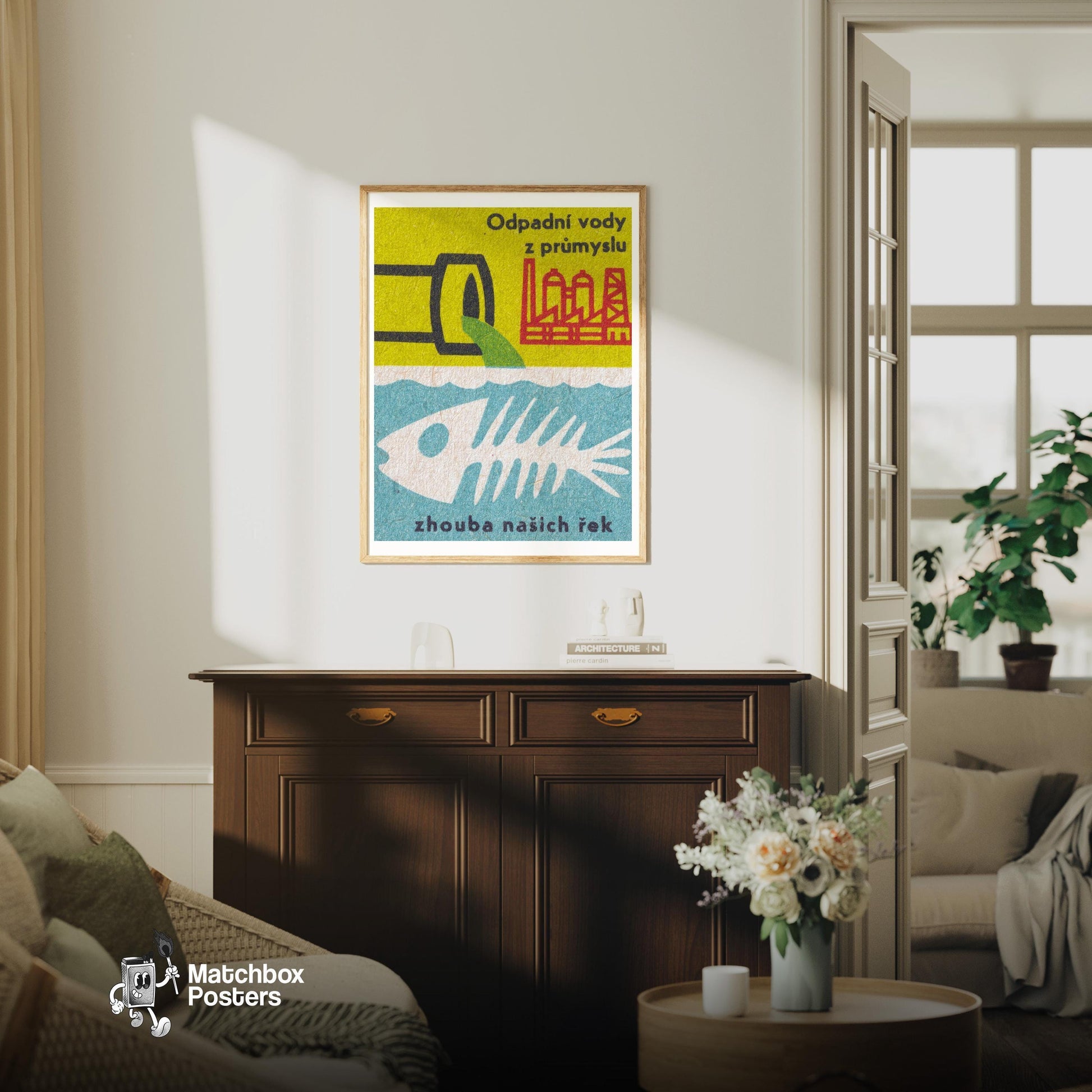 Industrial Waste Water - vintage matchbox label print - living room mockup
