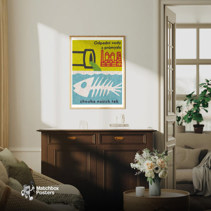 Industrial Waste Water - vintage matchbox label print - living room mockup