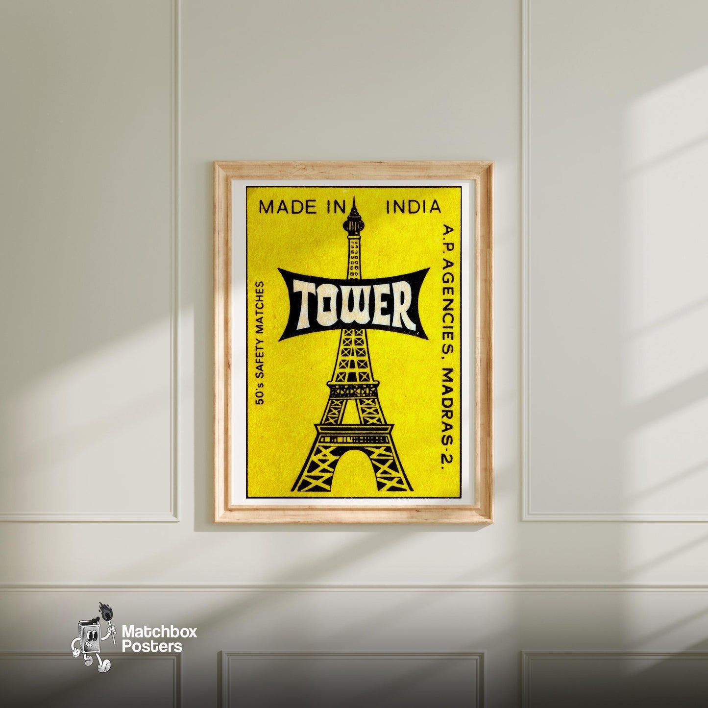 Eiffel Tower - vintage matchbox label print - bedroom mockup