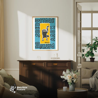 Black Stove - vintage matchbox label print - living room mockup