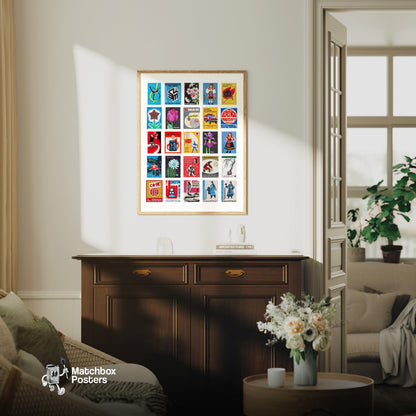 Matchbox Grid - vintage matchbox label print - framed wall art preview