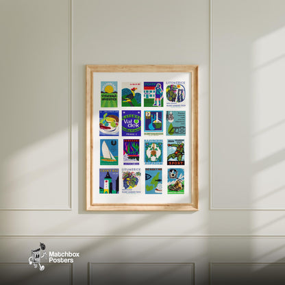 Blue and Green Collage - vintage matchbox label print - living room mockup
