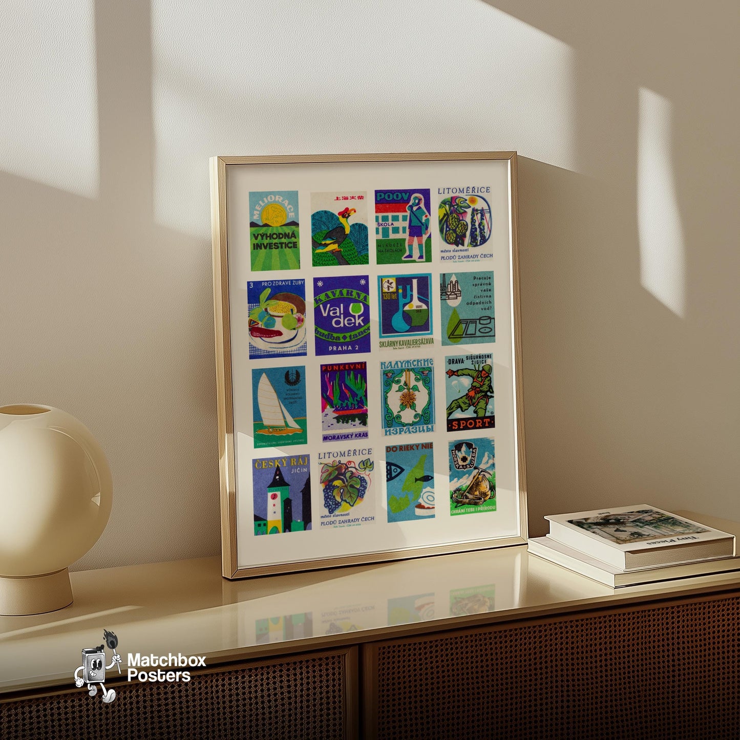Blue and Green Collage - vintage matchbox label print - bedroom mockup