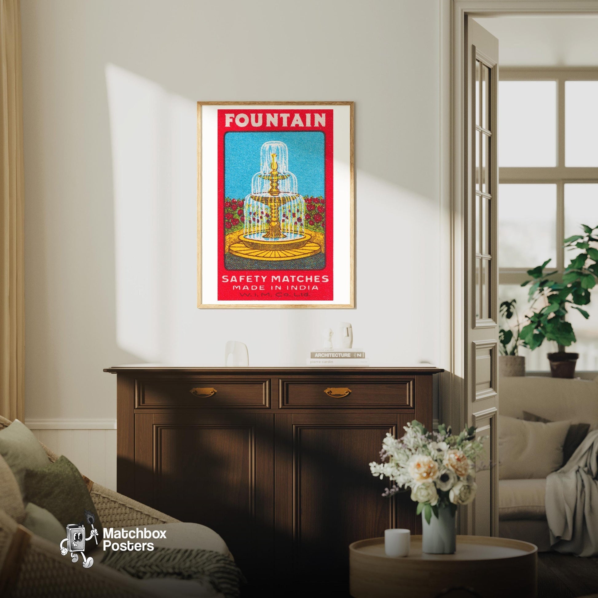 Fountain - vintage matchbox label print - living room mockup