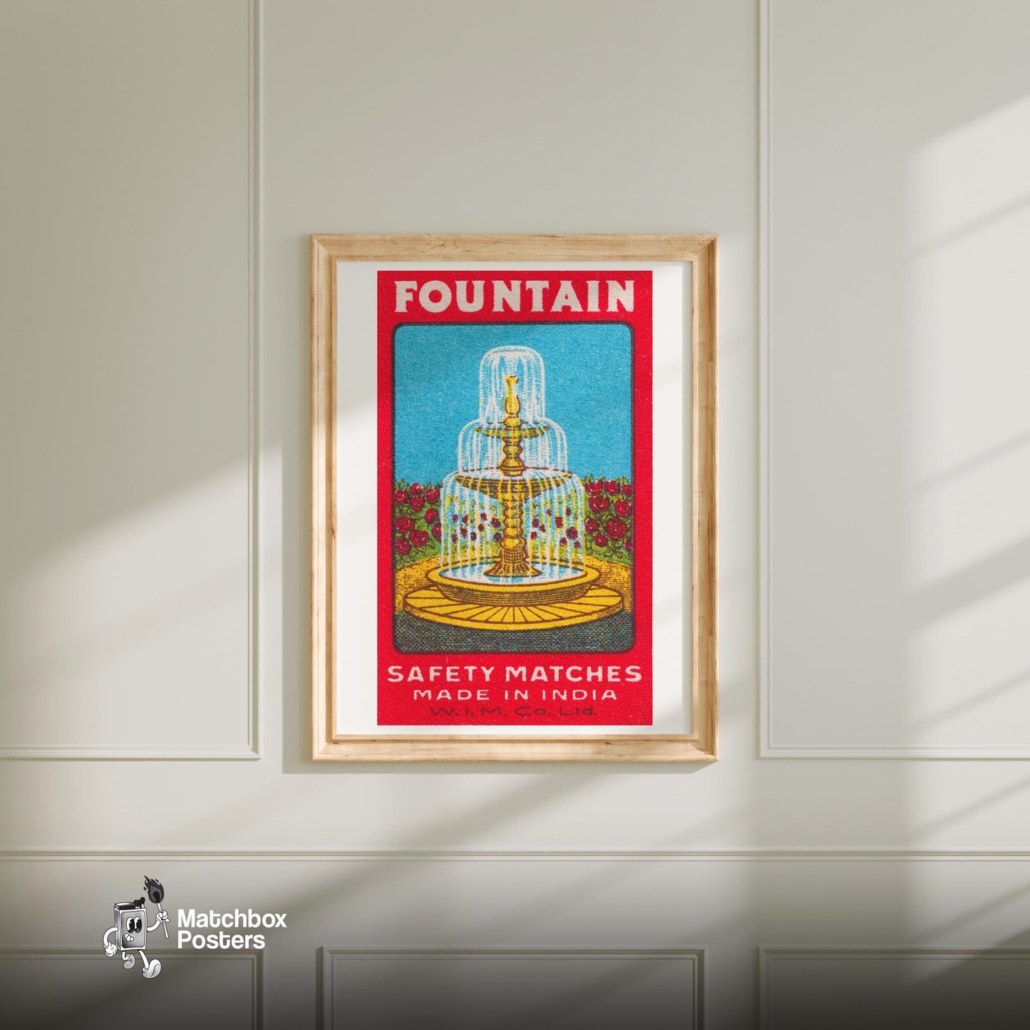 Fountain - vintage matchbox label print - bedroom mockup