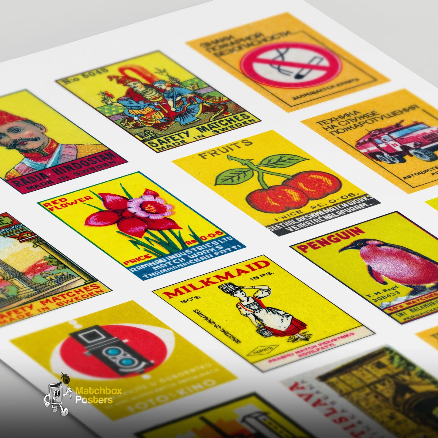 Yellow and Red Collage - vintage matchbox label print - close-up detail