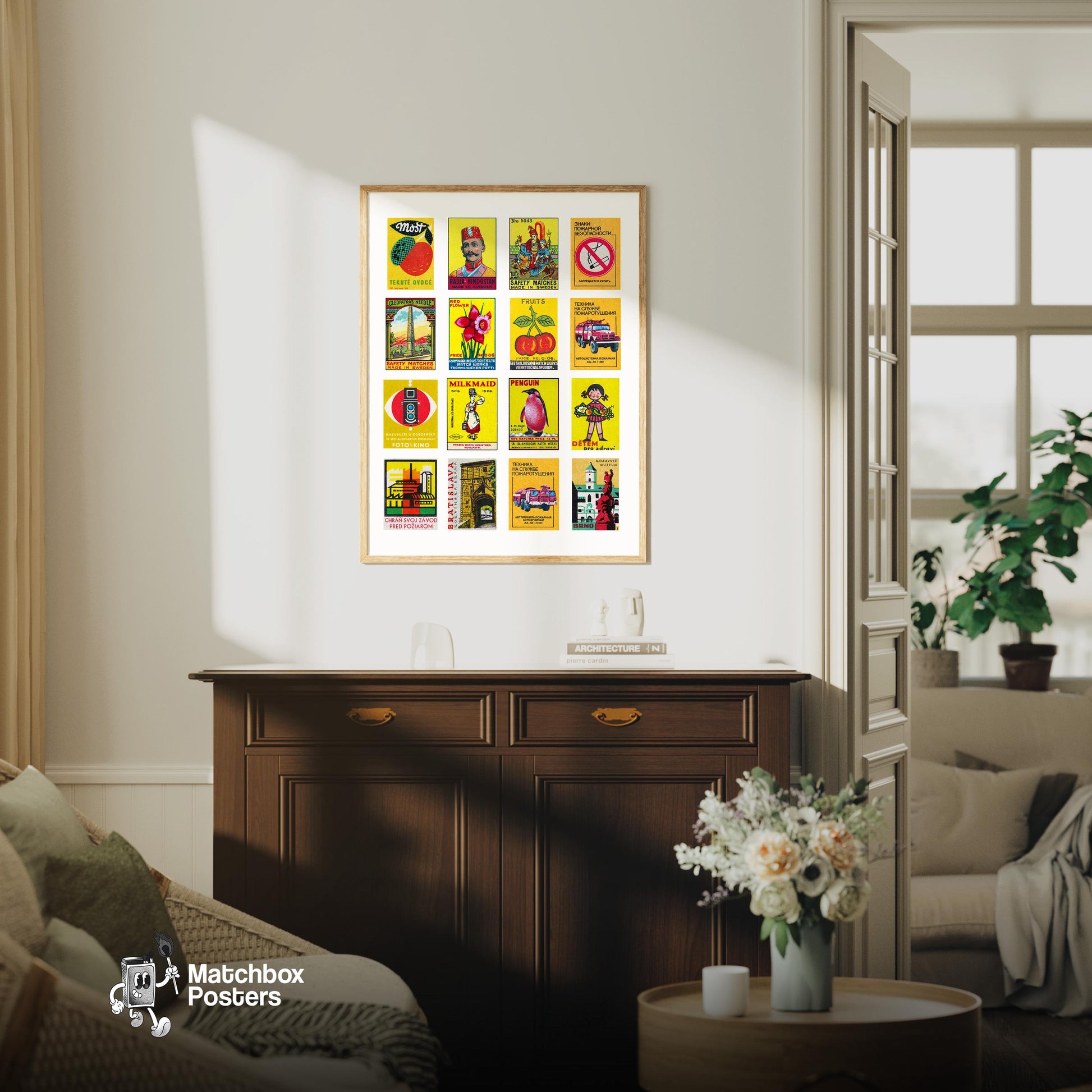 Yellow and Red Collage - vintage matchbox label print - framed wall art preview
