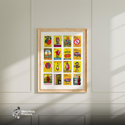 Yellow and Red Collage - vintage matchbox label print - living room mockup