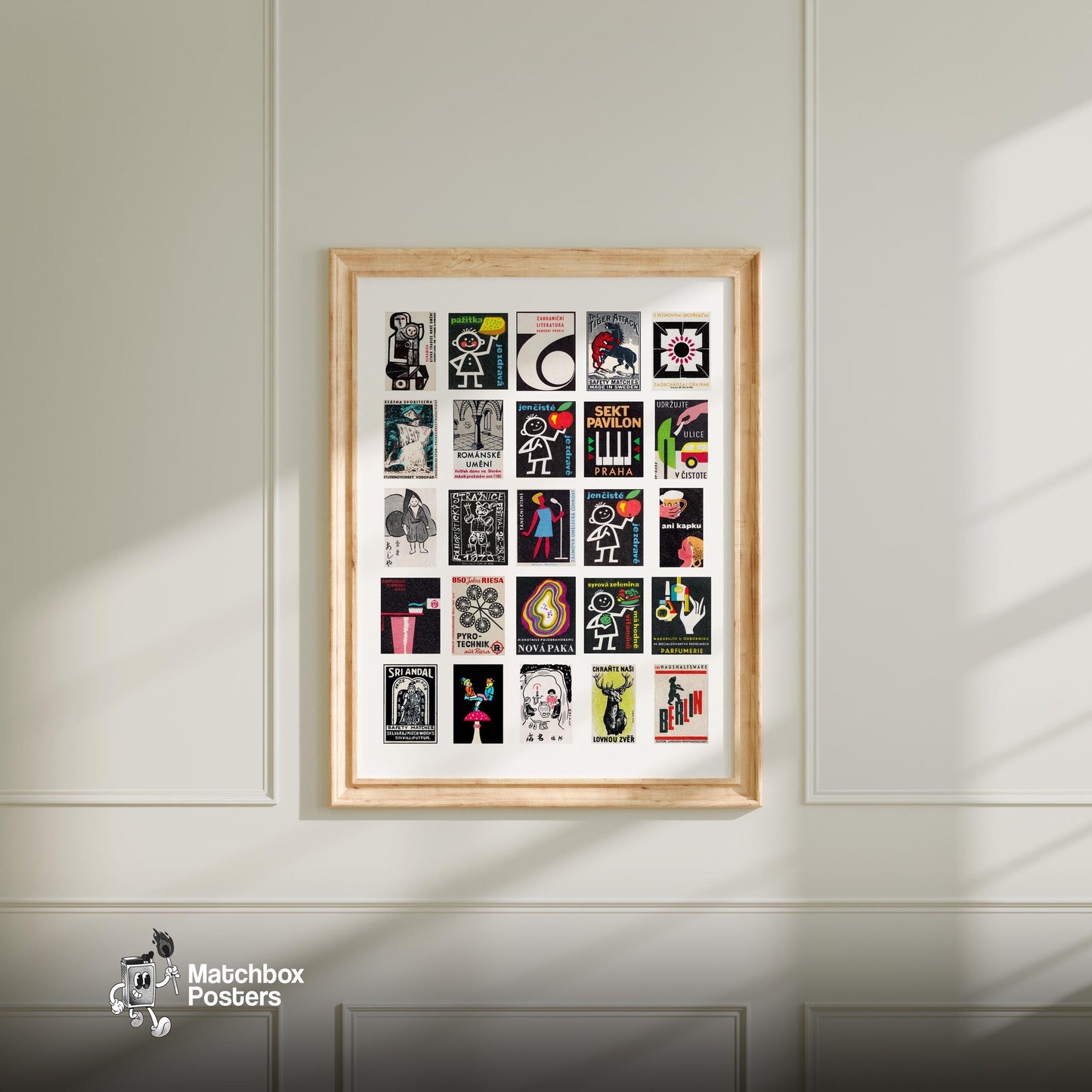 Black Matchbox Grid - vintage matchbox label print - living room mockup