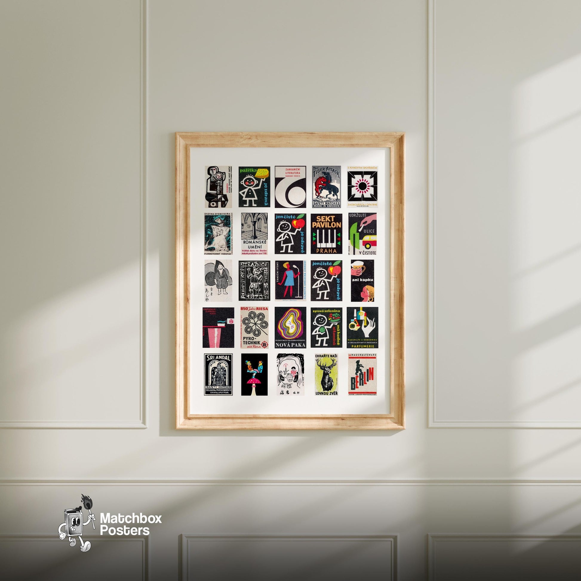 Black Matchbox Grid - vintage matchbox label print - living room mockup