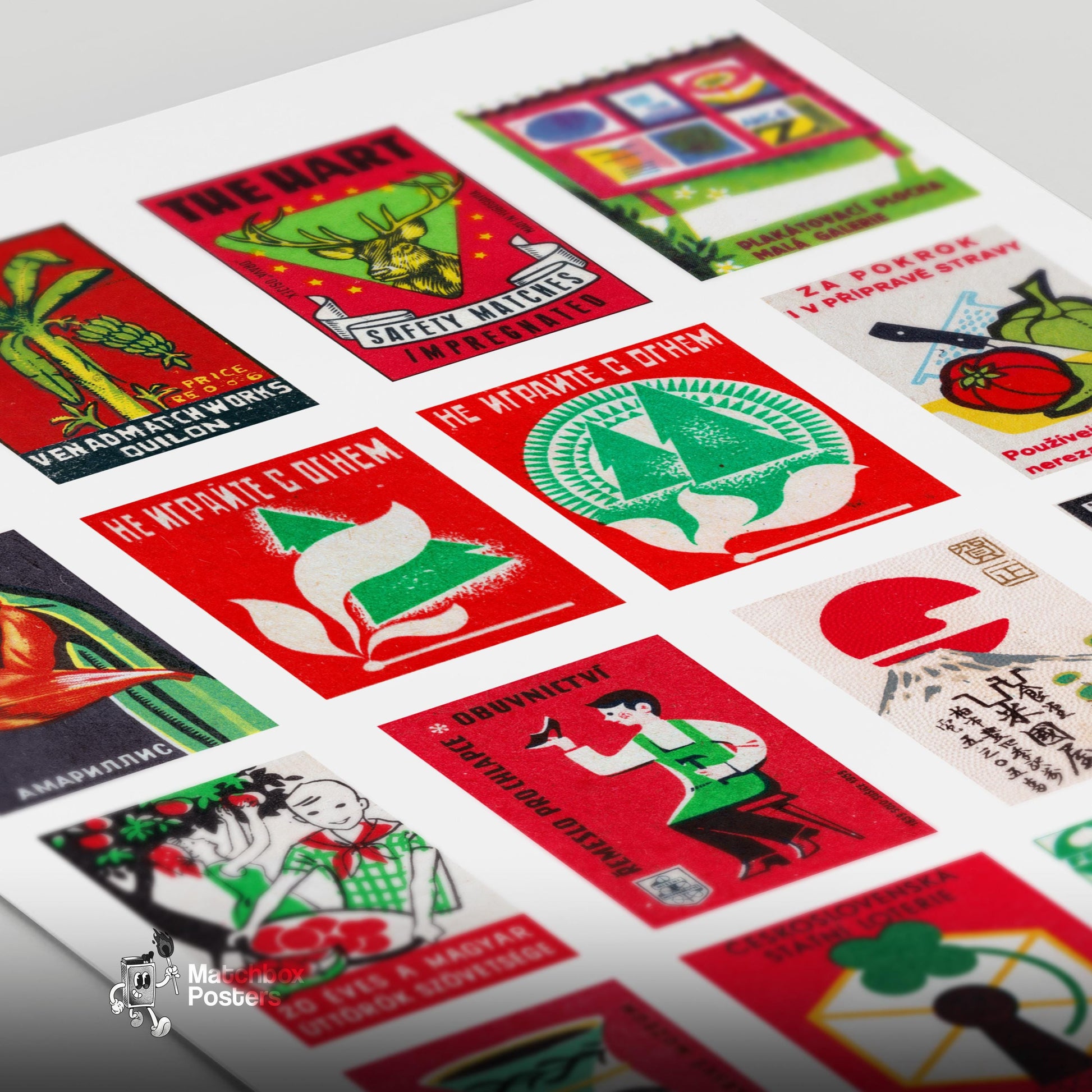 Red and Green Collage - vintage matchbox label print - close-up detail