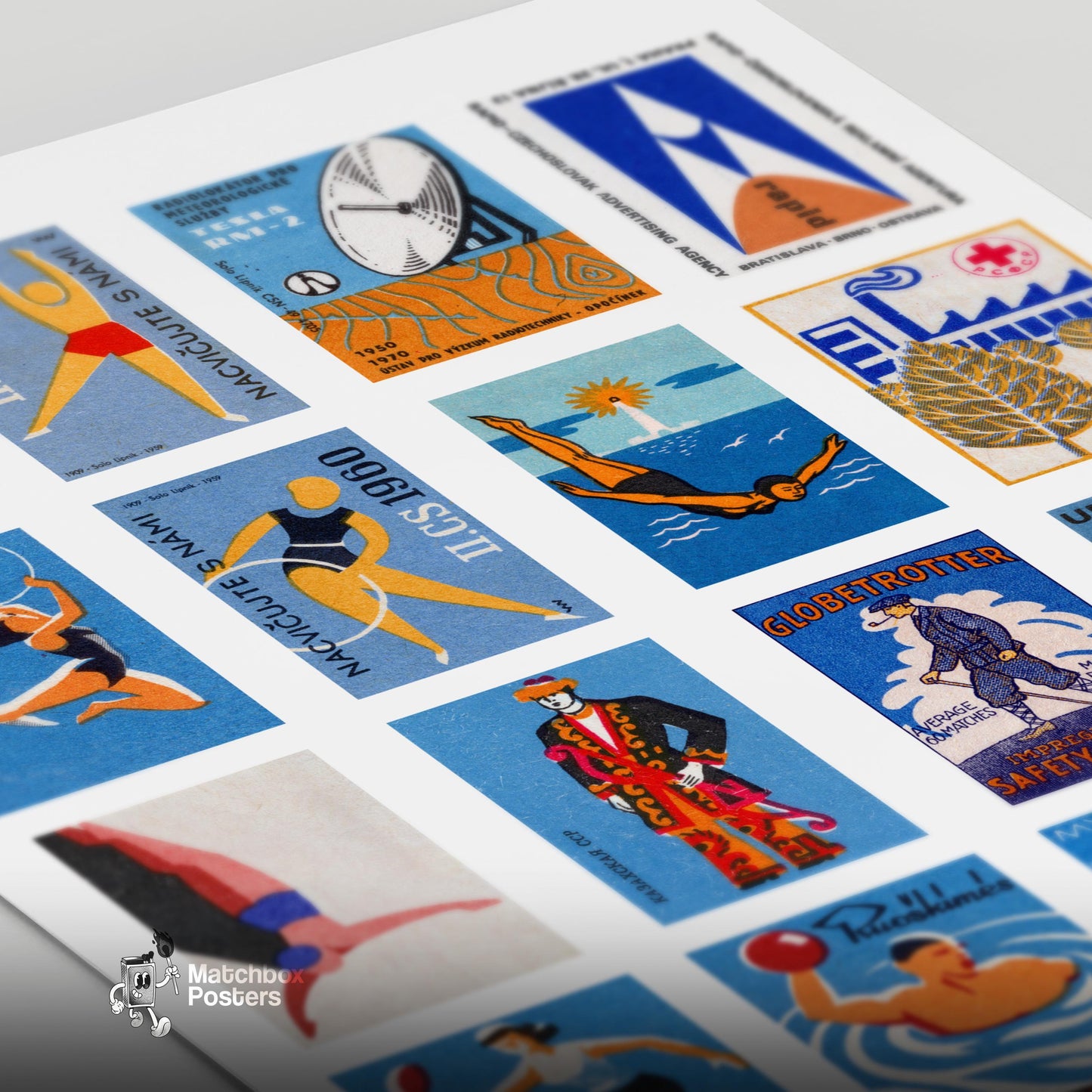 Blue and Orange Collage - vintage matchbox label print - close-up detail