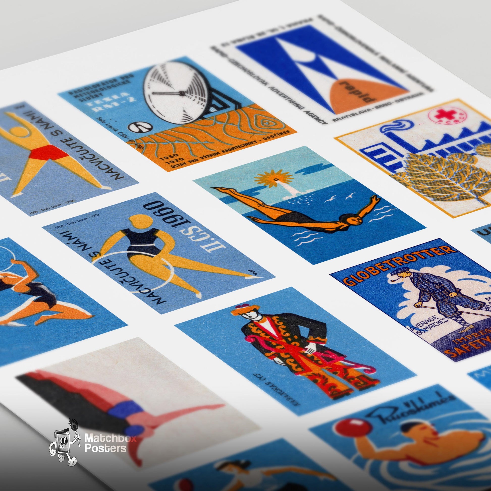 Blue and Orange Collage - vintage matchbox label print - close-up detail