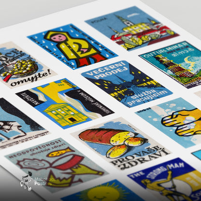 Blue and Yellow Collage - vintage matchbox label print - close-up detail