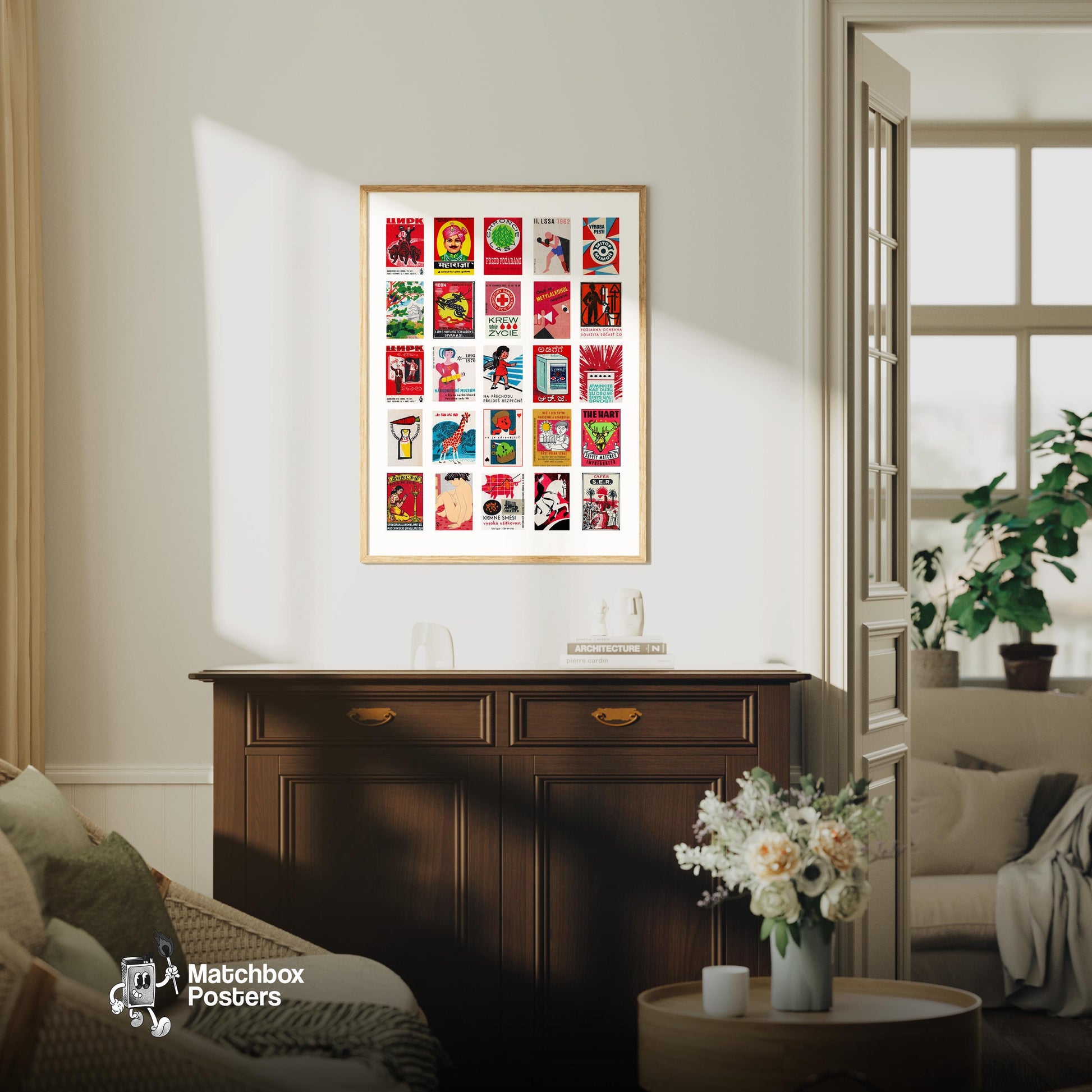 Red Vintage matchbox label grid print - vintage matchbox label print - framed wall art preview
