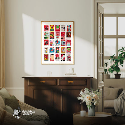 Red Vintage matchbox label grid print - vintage matchbox label print - framed wall art preview