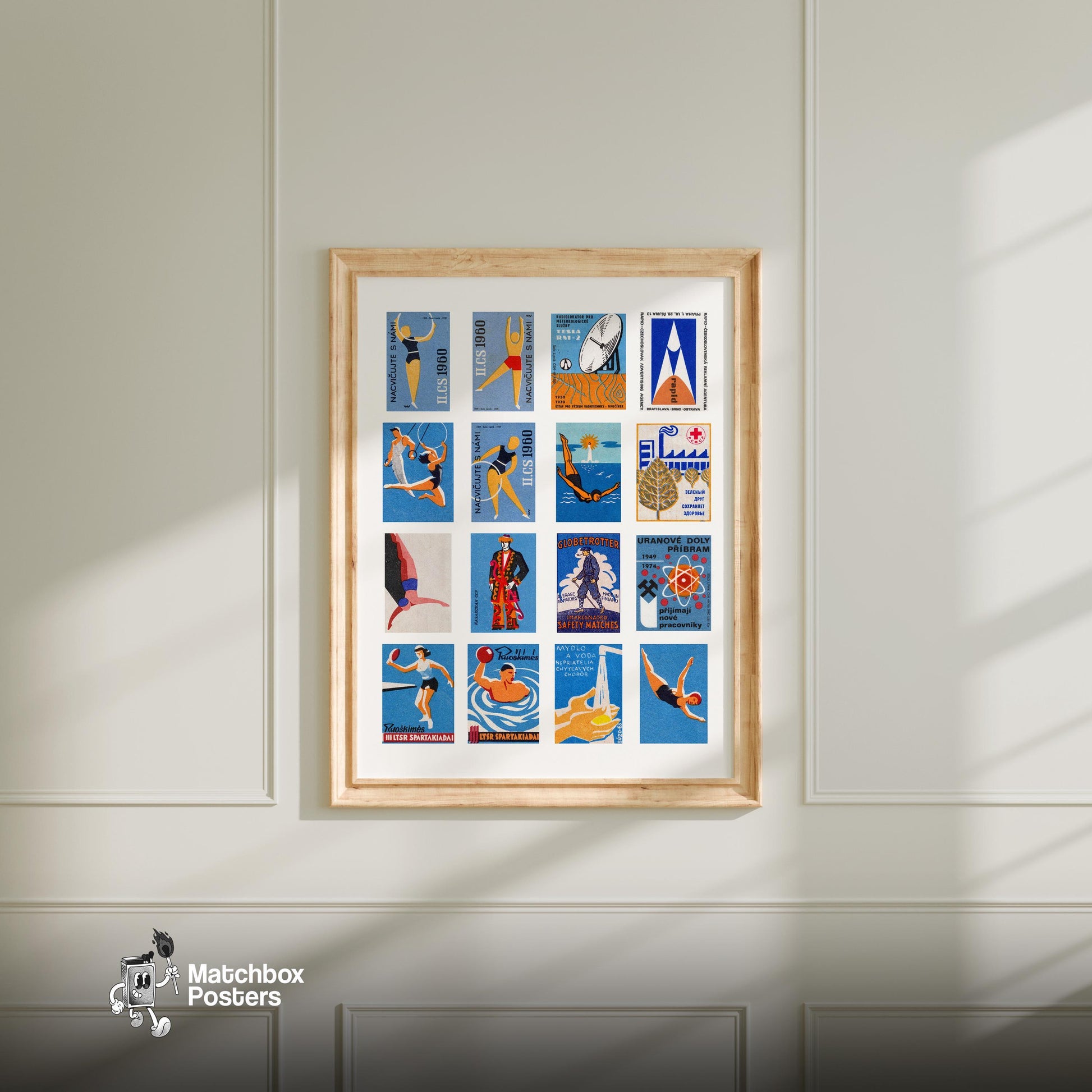 Blue and Orange Collage - vintage matchbox label print - living room mockup