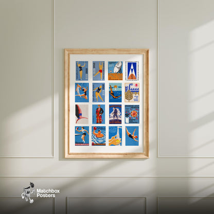 Blue and Orange Collage - vintage matchbox label print - living room mockup