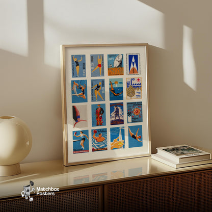 Blue and Orange Collage - vintage matchbox label print - bedroom mockup
