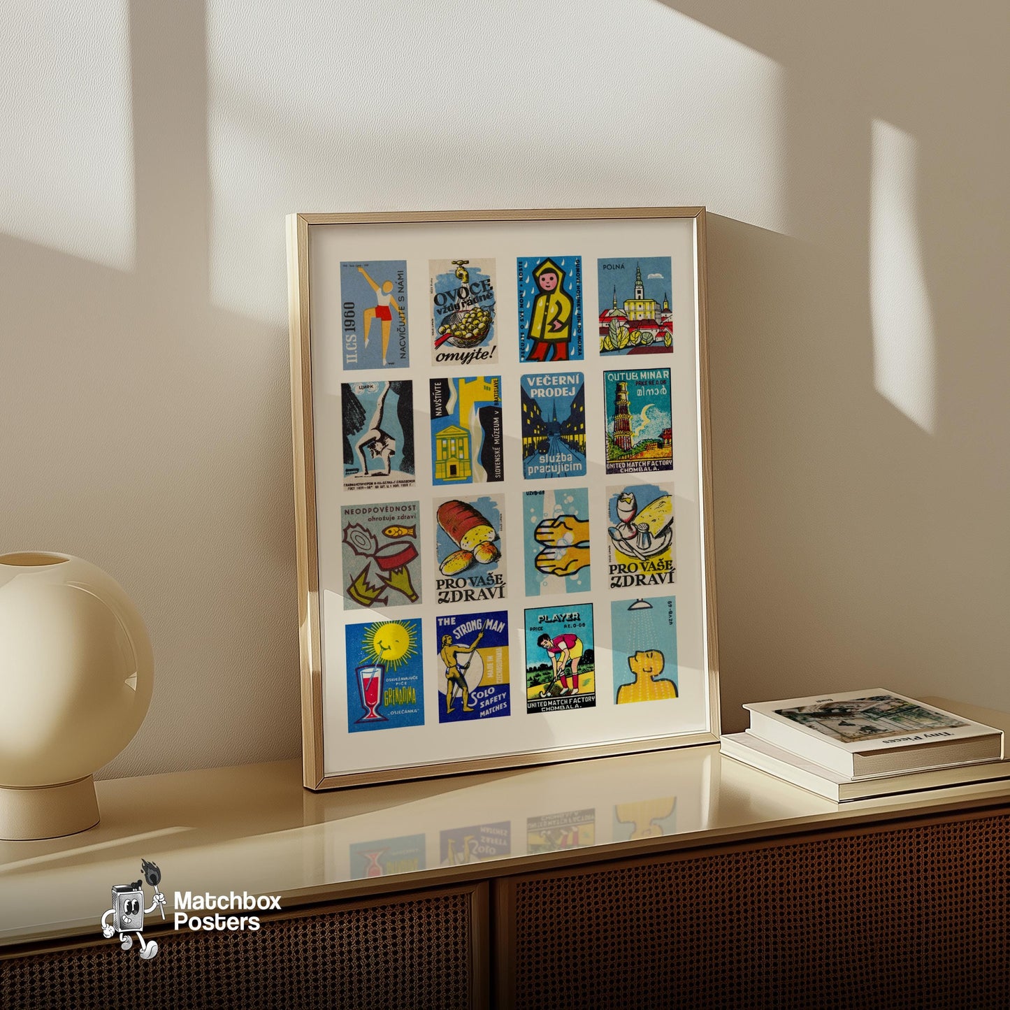Blue and Yellow Collage - vintage matchbox label print - bedroom mockup