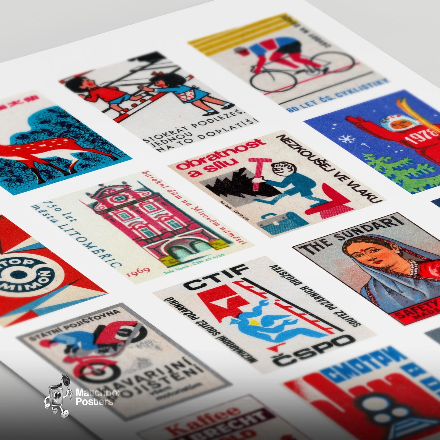 Red and Blue Collage - vintage matchbox label print - close-up detail