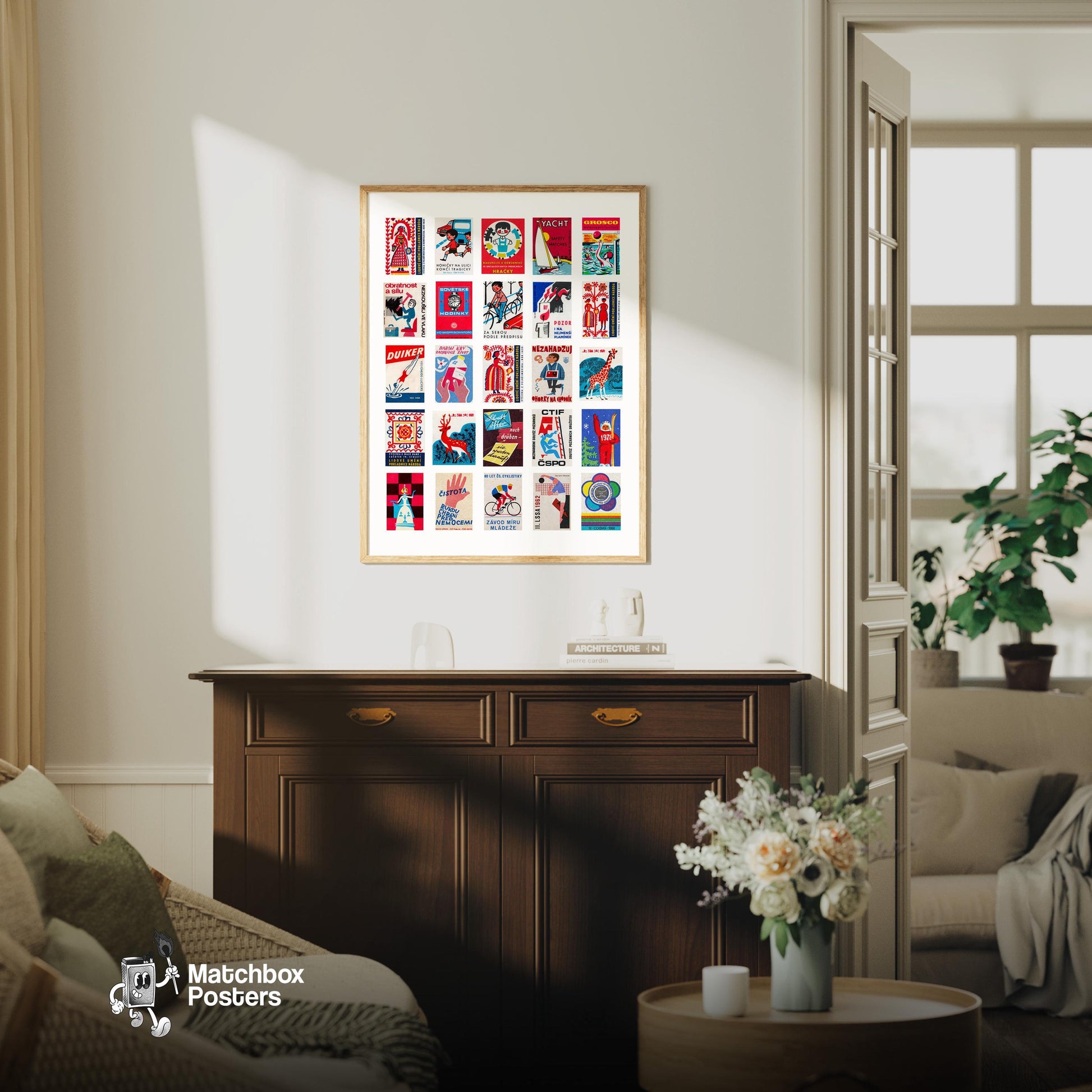 Red Matchbox Grid - vintage matchbox label print - framed wall art preview