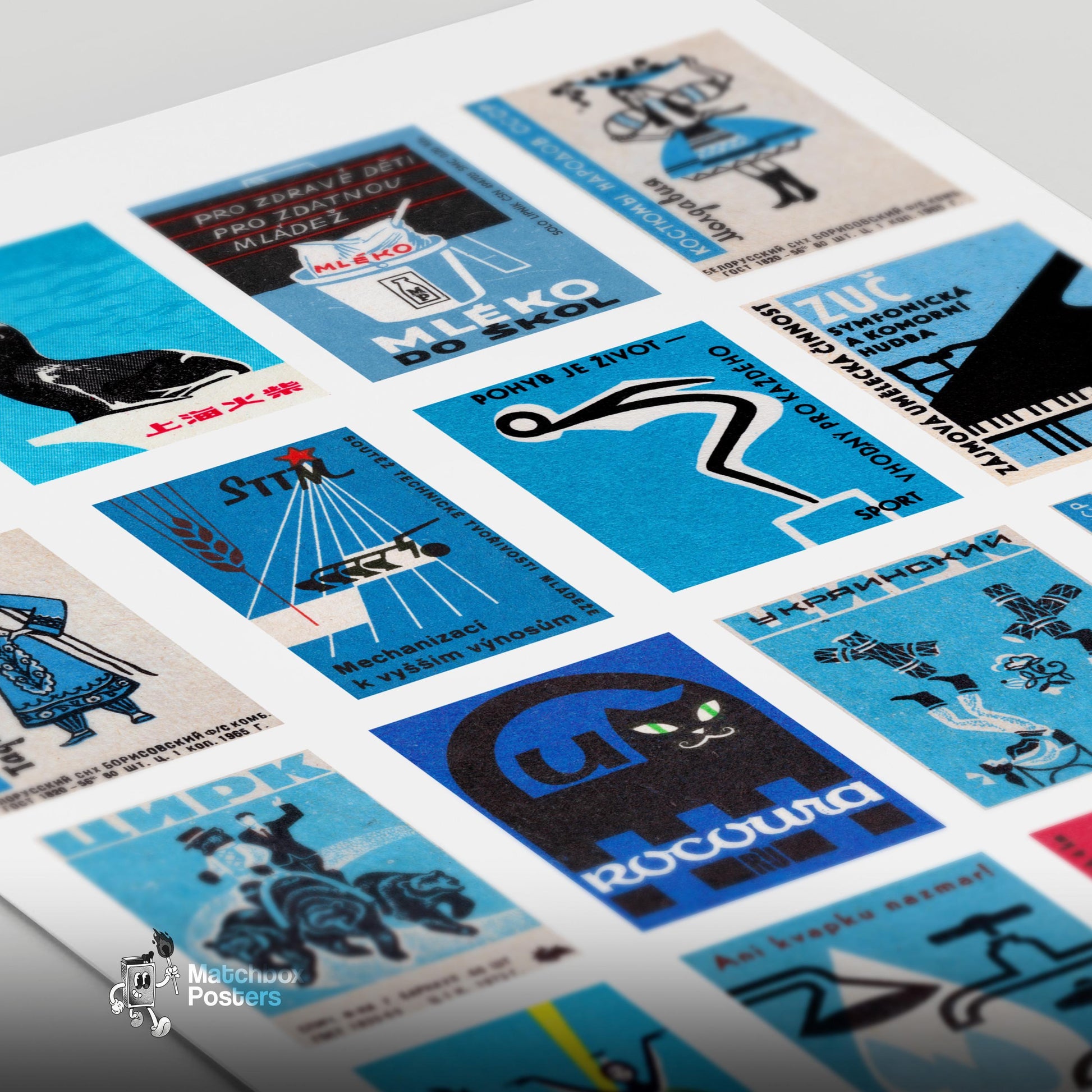 Blue and Black Collage - vintage matchbox label print - close-up detail