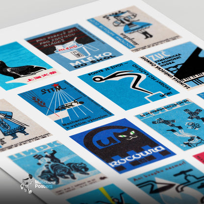 Blue and Black Collage - vintage matchbox label print - close-up detail