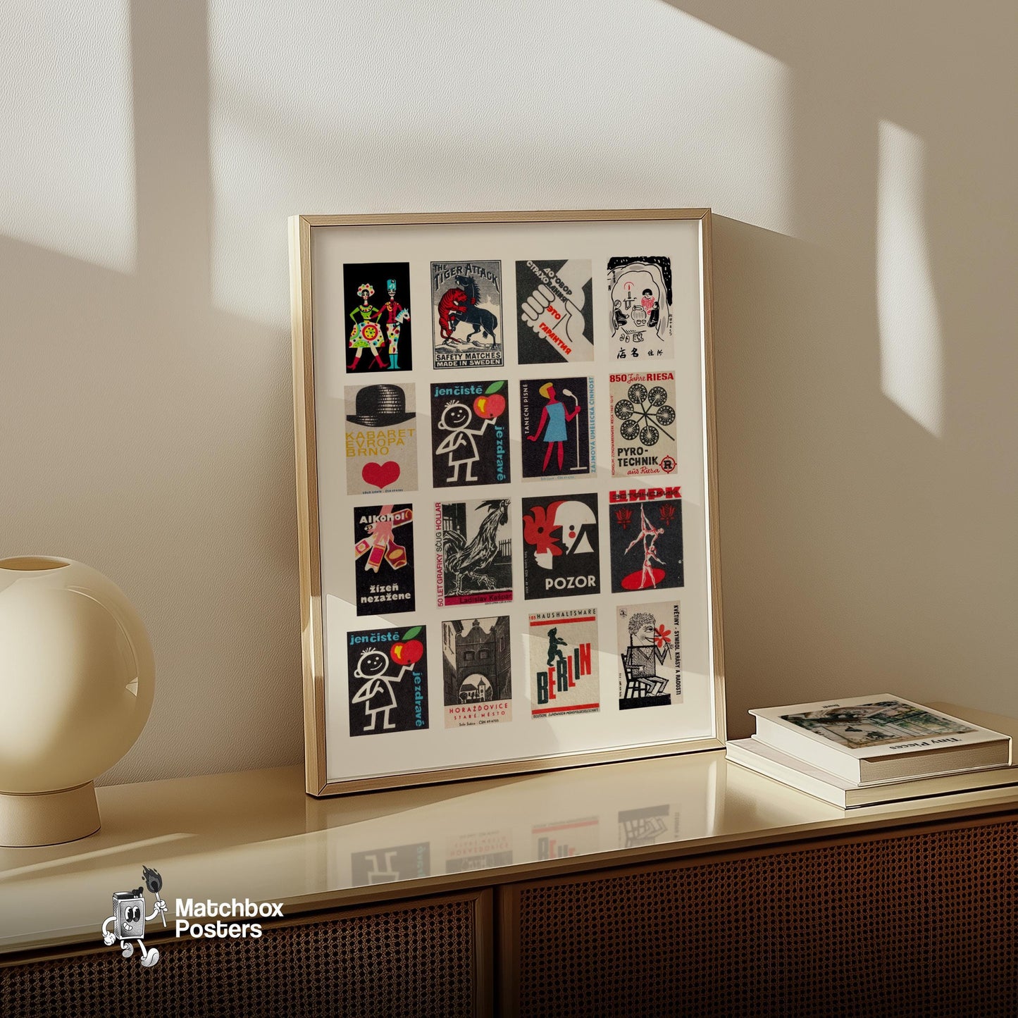Black and Red Collage - vintage matchbox label print - bedroom mockup