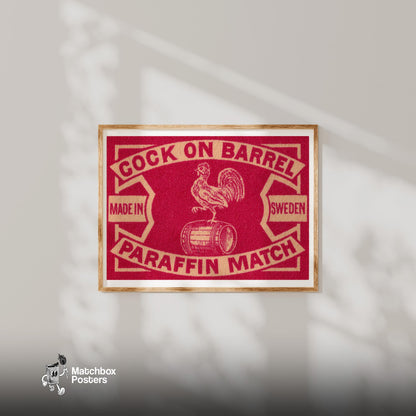 Rooster on Barrel - vintage matchbox label print - bedroom mockup