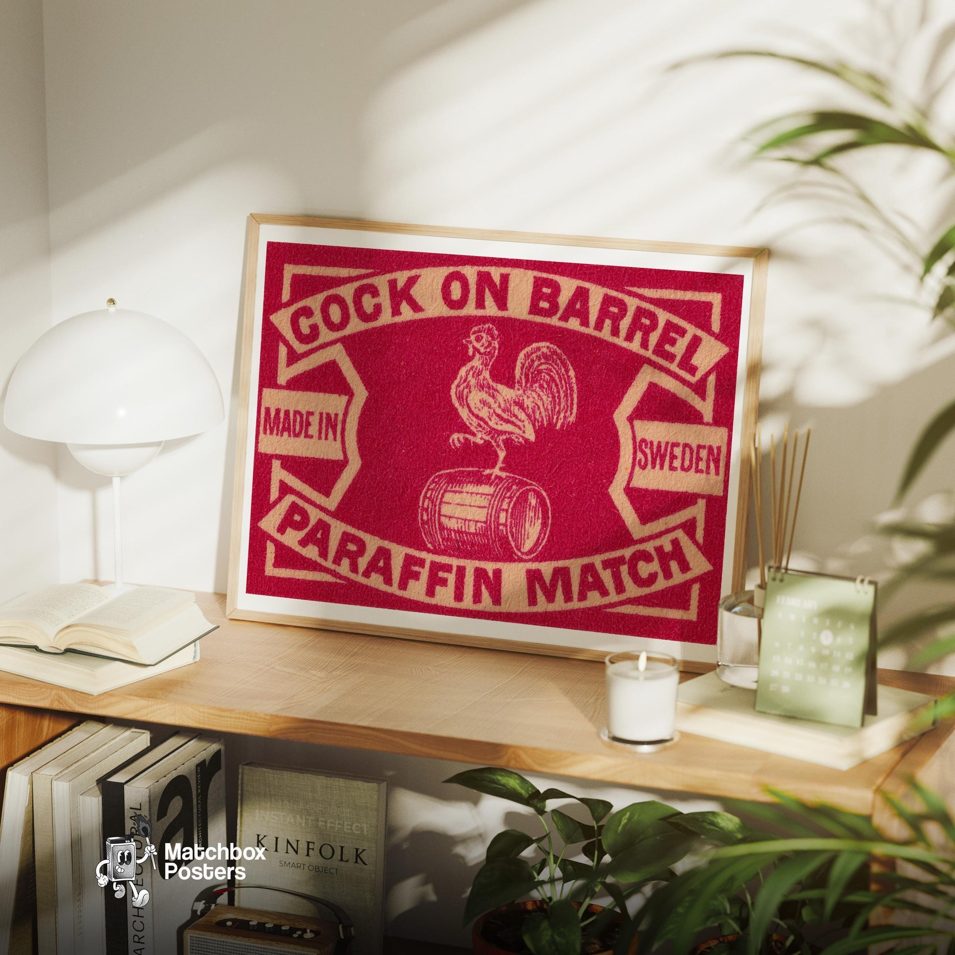 Rooster on Barrel - vintage matchbox label print - office wall